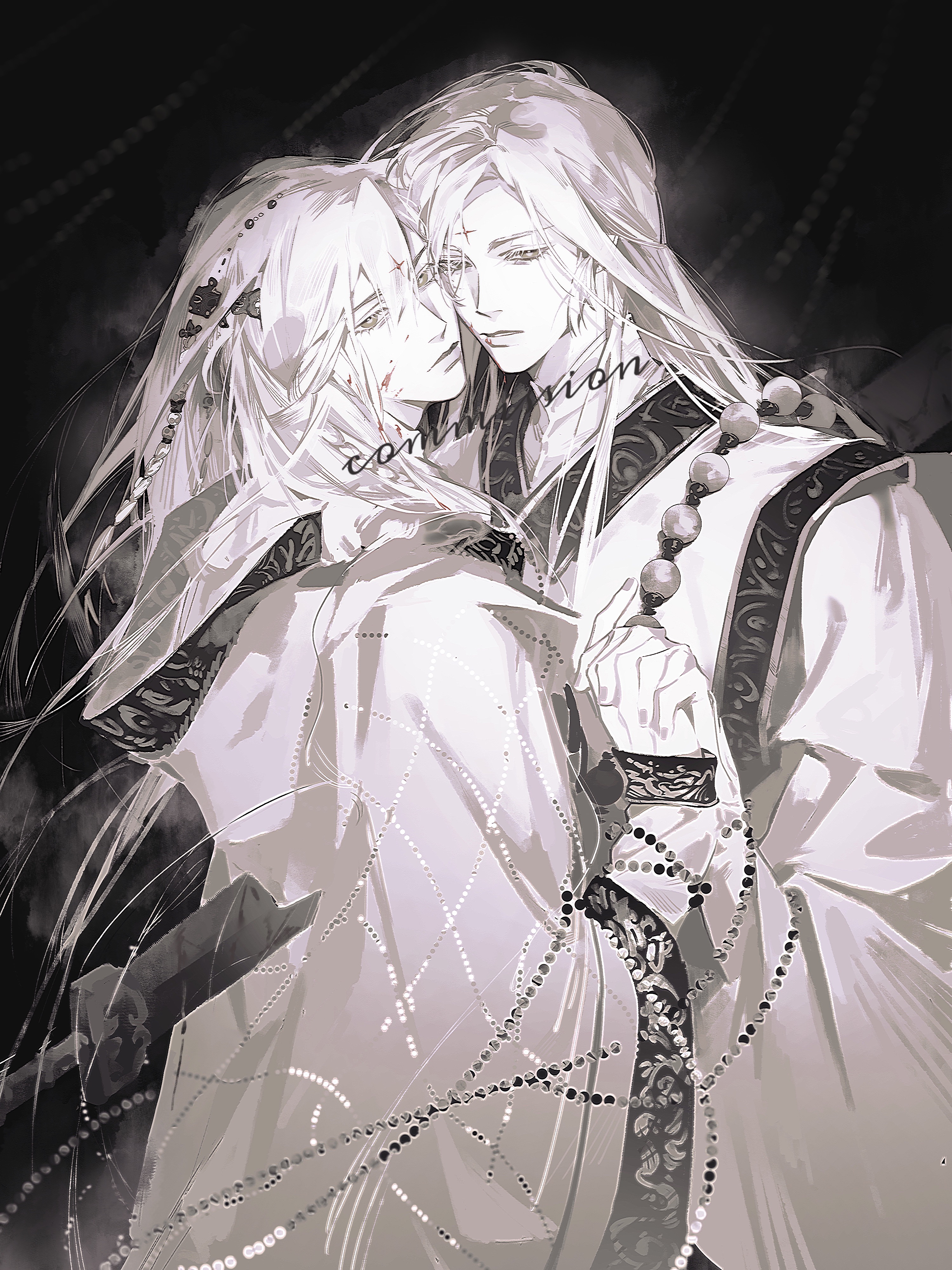 2boys absurdres asymmetrical_bangs beads black_background blood chinese_clothes clone closed_mouth commission face-to-face facial_mark floating_hair from_side greyscale hair_ornament hanfu highres holding_hands hood huadian jinguang_budaixi long_hair long_sidelocks long_sleeves looking_at_viewer looking_to_the_side male_focus mandarin_collar monochrome moranhuishouquandoushigou multiple_boys parted_bangs parted_lips prayer_beads qiao_rulai sidelocks spot_color teeth upper_body watermark wide_sleeves yaoi yellow_eyes
