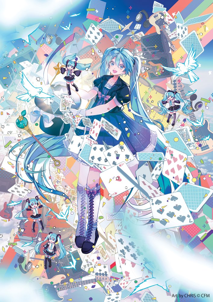 5girls ace_(playing_card) ace_of_clubs ace_of_hearts ahoge aqua_eyes aqua_hair aqua_necktie aqua_ribbon bare_shoulders bass_guitar bird black_jacket black_skirt black_sleeves black_thighhighs blue_dress boots bow bowtie card chris4708 club_(shape) commentary countdown cropped_jacket cube cymbals detached_sleeves dove dress drum drum_set eight_of_clubs eight_of_hearts five_of_hearts five_of_spades full_body gloves grey_shirt hair_ornament hat hatsune_miku hatsune_miku_(nt) hatsune_miku_(vocaloid3) hatsune_miku_(vocaloid4) hatsune_miku_happy_16th_birthday_-dear_creators- headphones heart holding holding_unworn_clothes holding_unworn_hat instrument jacket knee_boots lace-up_boots long_hair magical_mirai_(vocaloid) magical_mirai_miku magical_mirai_miku_(2013) mini_person minigirl miniskirt multiple_girls multiple_persona neck_ribbon necktie open_mouth piapro_studio playing_card pleated_dress pleated_skirt purple_bow purple_bowtie rainbow ribbon scepter second-party_source seven_of_clubs seven_of_hearts seven_of_spades shirt short_sleeves six_of_clubs six_of_spades skirt sleeveless sleeveless_shirt smile star_(symbol) television thighhighs top_hat twintails two_of_clubs unworn_hat unworn_headwear very_long_hair vocaloid white_bird white_gloves white_shirt zettai_ryouiki