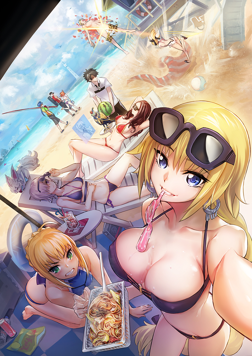 5boys 6+girls ahoge alternate_costume animal_print archer_(fate) artoria_pendragon_(fate) ball beach beachball bikini black_hair black_male_swimwear black_swim_trunks blonde_hair blue_eyes breasts cleavage collarbone covered_erect_nipples creature cu_chulainn_(fate) cu_chulainn_(fate/stay_night) earrings fate/apocrypha fate/grand_order fate/stay_night fate/unlimited_codes fate_(series) fishing_rod flower food fou_(fate) fruit fujimaru_ritsuka_(female) fujimaru_ritsuka_(male) gilgamesh_(fate) green_eyes grin highres jeanne_d&#039;arc_(fate) jeanne_d&#039;arc_(ruler)_(fate) jewelry large_breasts leonardo_da_vinci_(fate) leopard_print male_swimwear mash_kyrielight midriff multiple_boys multiple_girls navel orange_male_swimwear orange_swim_trunks ponytail print_male_swimwear print_swim_trunks print_swimsuit purple_hair red_hair romani_archaman rose saber_(fate) saber_lily smile sunglasses swim_trunks swimsuit todee torn_clothes torn_male_swimwear torn_swimsuit watermelon yakisoba