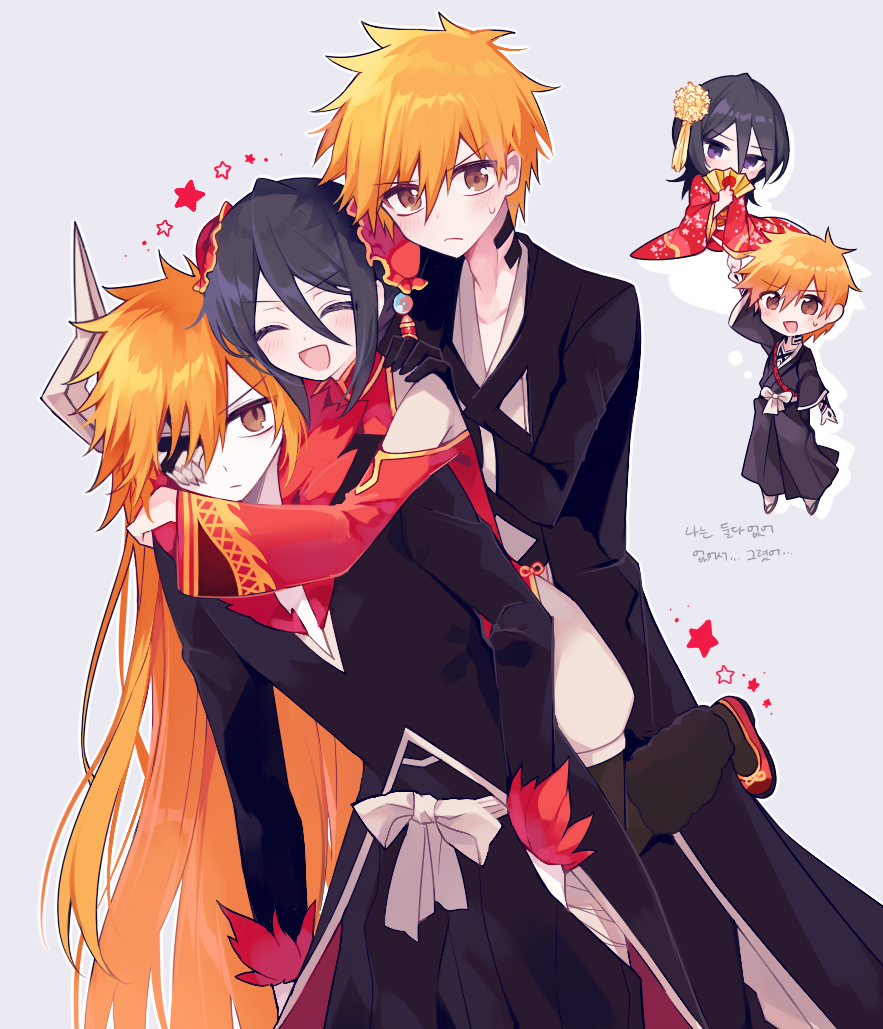 &gt;:( 1boy 2boys :d ^_^ alternate_costume bankai black_gloves black_hair bleach bleach:_brave_souls blush boy_sandwich brown_eyes chibi chibi_inset china_dress chinese_clothes closed_eyes closed_mouth clothing_cutout commentary couple cowboy_shot demon_horns double-parted_bangs dress dual_persona floral_print floral_print_kimono folding_fan frown g_ieep gloves grey_background hair_between_eyes hair_ornament hand_fan happy hetero holding holding_fan holding_hands horns hug hug_from_behind jacket japanese_clothes kanzashi kimono korean_text kuchiki_rukia kurosaki_ichigo leaning_forward long_hair long_sleeves looking_at_another looking_at_viewer looking_down male_focus mask medium_hair multiple_boys multiple_views official_alternate_hair_length official_alternate_hairstyle one_eye_covered open_mouth orange_hair print_kimono red_dress red_kimono sandwiched shihakusho short_hair shoulder_cutout simple_background smile spiked_hair standing standing_on_one_leg star_(symbol) sweatdrop tensa_zangetsu_(bankai) translation_request v-shaped_eyebrows very_long_hair wide_sleeves