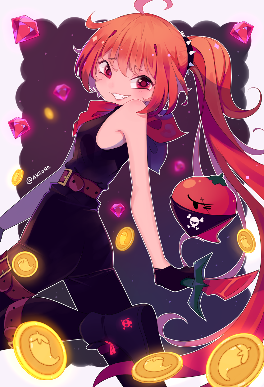 1girl belt black_gloves chili_pepper_cookie coin cookie_run dagger diamond_(gemstone) gem gloves highres holding holding_dagger holding_knife holding_weapon humanization knife personification ponytail red_eyes red_hair solo weapon yoyochaan
