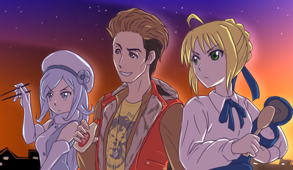 10s 1boy 2girls ahoge aila_jyrkiainen artoria_pendragon_(fate) beret blouse blue_bow blue_bowtie bow bowtie chopsticks crossover fate_(series) grin gundam gundam_build_fighters hat head_tilt kamen_rider kamen_rider_wizard_(series) multiple_girls nitou_kousuke orange_sky rice rice_cooker saber_(fate) serious shamoji shirt sky smile stmk64 sunset teeth trait_connection upper_body