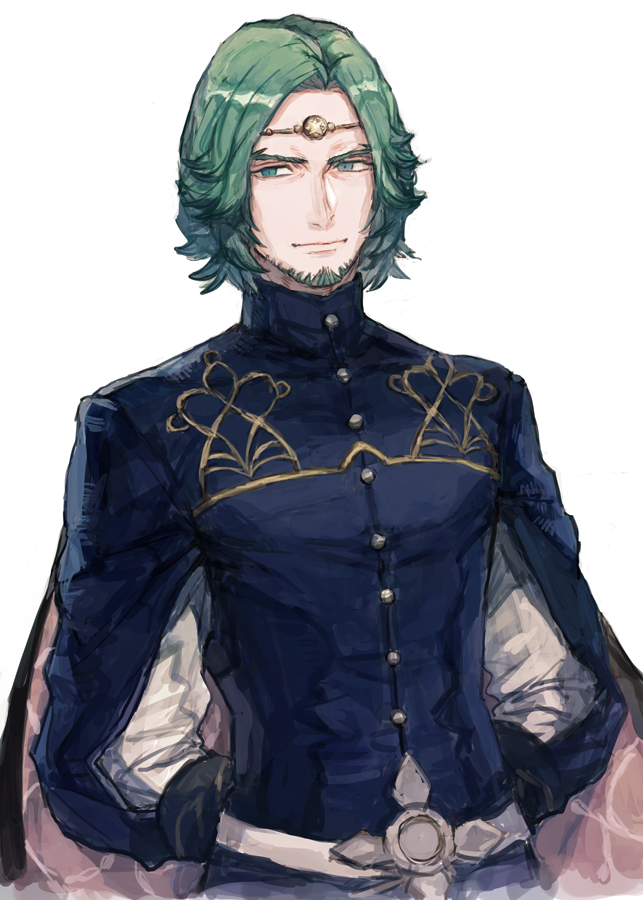 1boy arms_behind_back beard belt cape circlet closed_mouth facial_hair fire_emblem fire_emblem:_three_houses fire_emblem_heroes green_eyes green_facial_hair green_hair looking_to_the_side male_focus matching_hair/eyes nintendo oisyox72 seteth_(fire_emblem) short_hair solo standing upper_body