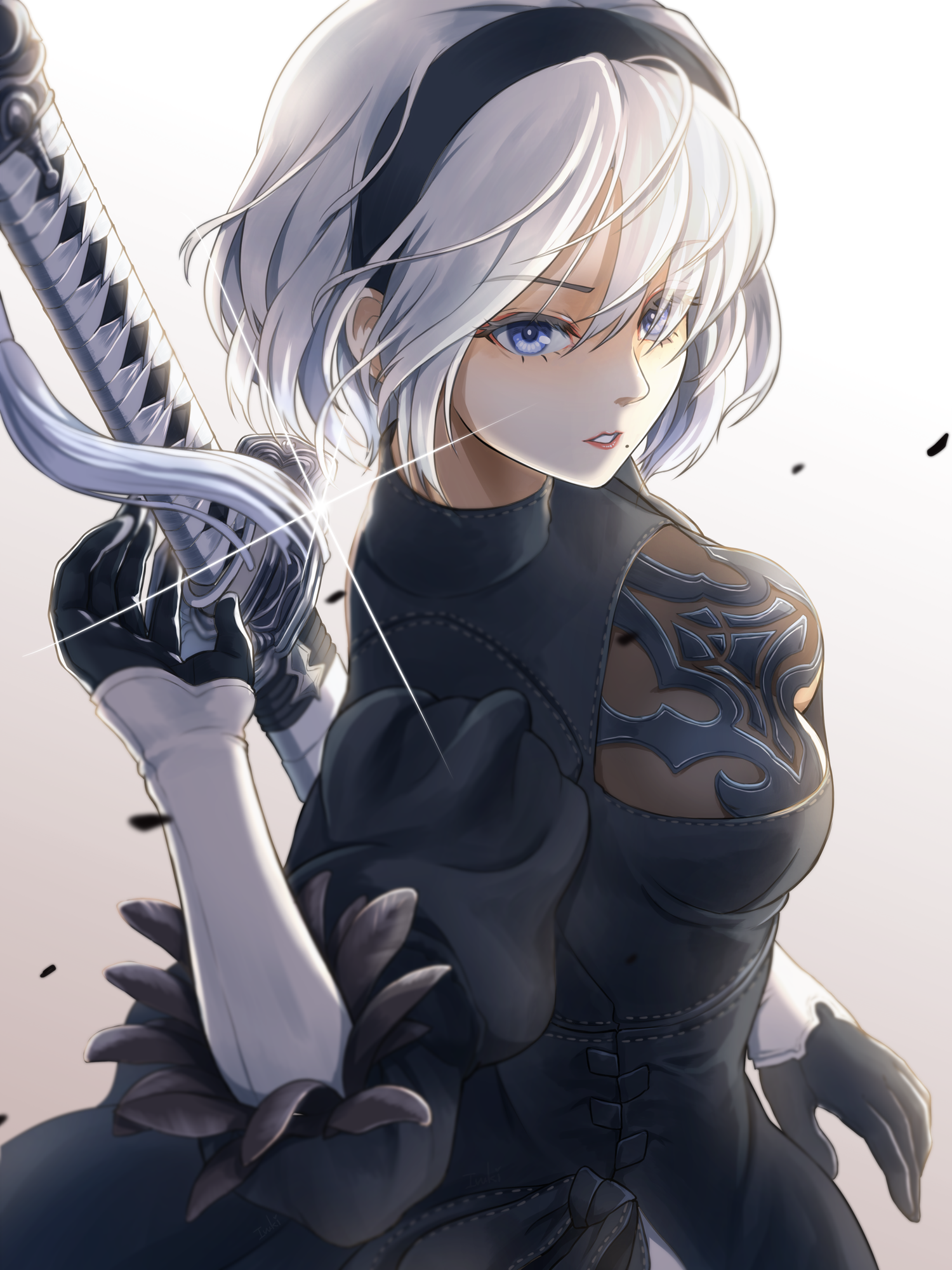 1girl 2b_(nier:automata) black_dress black_gloves blue_eyes breasts cleavage dress gloves grey_hair hair_over_one_eye headband highres ivuki katana medium_breasts nier:automata nier_(series) short_hair sword weapon white_background white_gloves