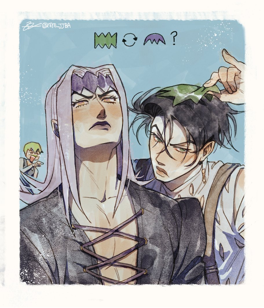 1girl 2boys ? accessories_switch black_hair diamond_wa_kudakenai earrings foo_fighters_(jojo) frown green_eyes green_hair headband jewelry jojo_no_kimyou_na_bouken kishibe_rohan laughing leone_abbacchio long_hair mm_jjba multiple_boys orange_eyes pointing purple_lips short_hair silver_hair stone_ocean suspenders tears vento_aureo