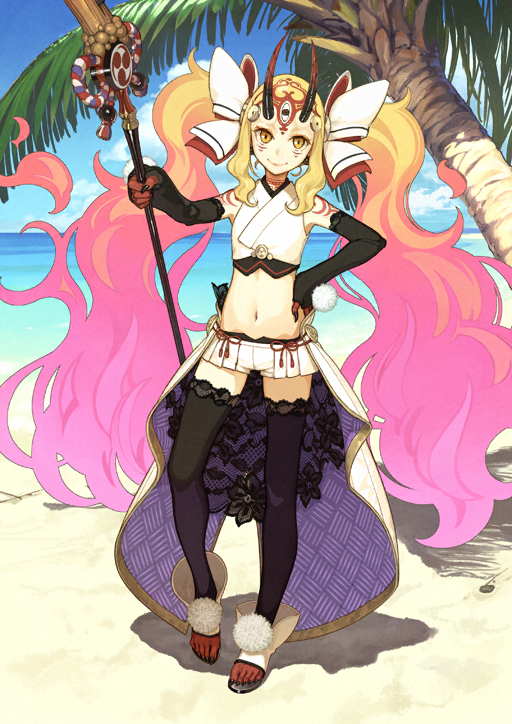 1girl bare_shoulders beach black_claws black_gloves black_leggings blonde_hair blue_sky bow cloud colored_extremities colored_skin crop_top detached_leggings earrings elbow_gloves facial_mark fate/grand_order fate_(series) fiery_hair fingerless_gloves forehead_mark full_body gloves gradient_hair hair_bow hand_on_own_hip hidari_(left_side) holding holding_pole horizon ibaraki_douji_(fate) ibaraki_douji_(fate/grand_order) ibaraki_douji_(swimsuit_lancer)_(fate) ibaraki_douji_(swimsuit_lancer)_(third_ascension)_(fate) japanese_clothes jewelry lace lace-trimmed_gloves lace-trimmed_legwear lace_trim leggings long_hair long_sidelocks mitsudomoe_(shape) multicolored_hair multicolored_skin navel ocean official_art palm_tree pink_hair pole pom_pom_(clothes) red_skin sand sandals shirt short_shorts shorts showgirl_skirt sidelocks sky sleeveless sleeveless_shirt solo sphere_earrings stomach third-party_source tomoe_(symbol) tree twintails two-tone_skin variant_set very_long_hair white_bow white_shirt white_shorts zouri