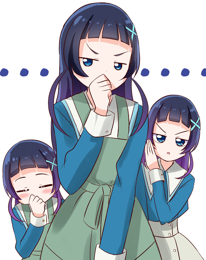 1girl aokaze_nana apron aqua_ribbon blue_eyes blue_hair blue_shirt blush closed_eyes commentary_request green_apron grey_skirt hair_ribbon kimi_to_idol_precure long_hair long_sleeves mitumi_mira open_mouth precure ribbon shirt skirt solo