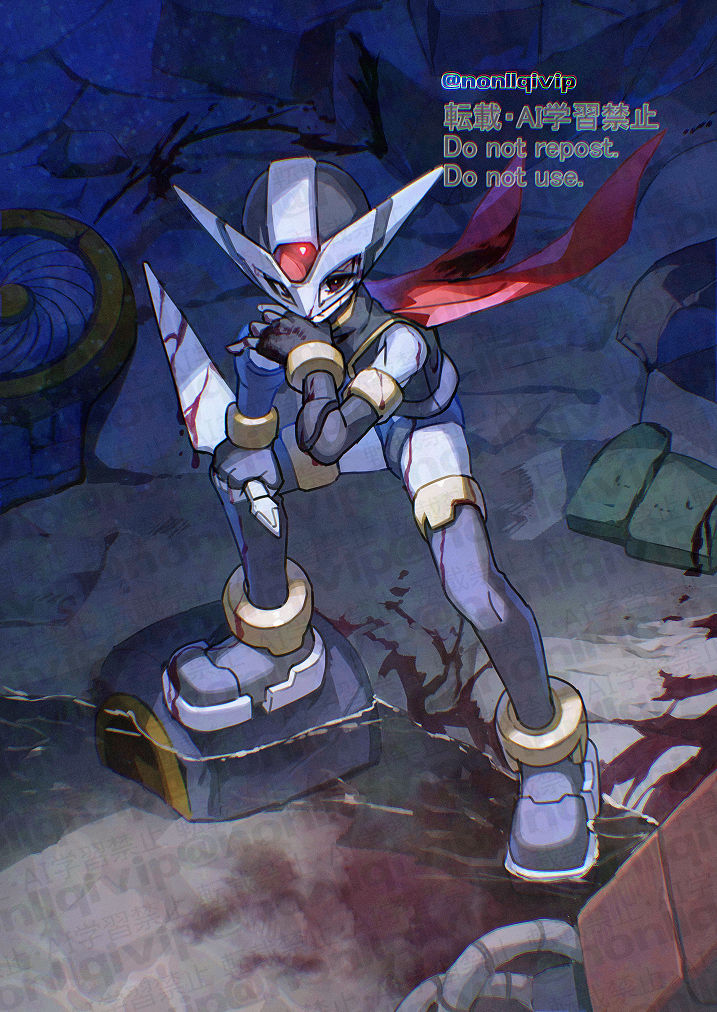 1boy android armor battle_damage blood forehead_jewel full_body helmet hidden_phantom_(mega_man) kunai male_focus mega_man_(series) mega_man_zero_(series) ninja purple_armor purple_helmet red_scarf scarf solo weapon yamanashi_taiki