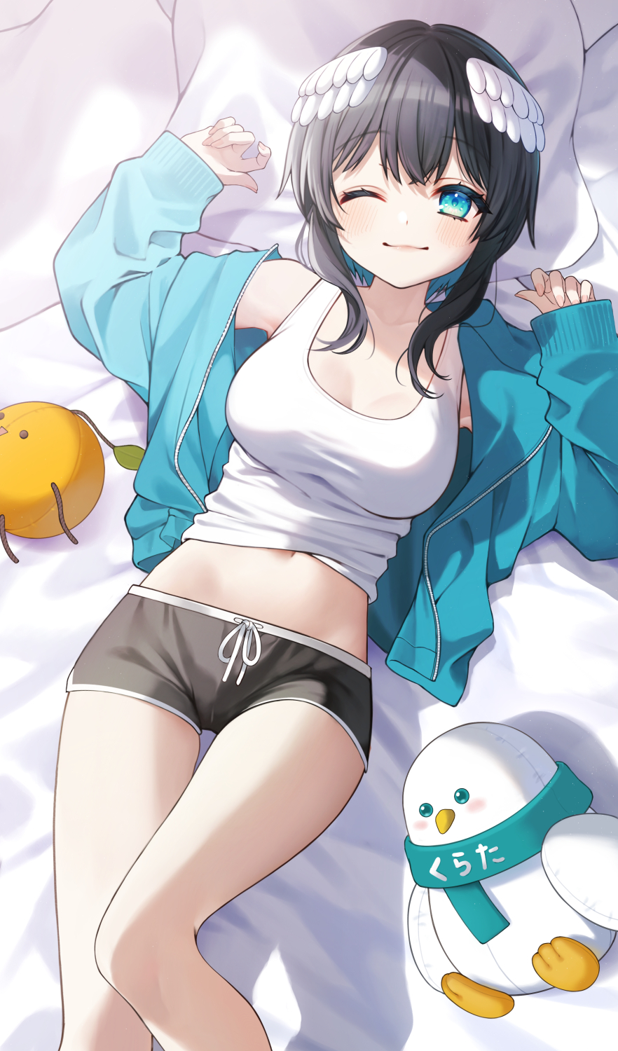 1girl ;) arm_up bed_sheet black_hair black_shorts blue_eyes blue_hair blue_jacket blush breasts cleavage closed_mouth commentary_request dolphin_shorts feathered_wings hand_up head_wings highres indie_virtual_youtuber jacket kurata_rine kurata_rine_(vtuber) long_hair long_sleeves looking_at_viewer medium_breasts multicolored_hair one_eye_closed open_clothes open_jacket pillow puffy_long_sleeves puffy_sleeves short_shorts shorts sleeves_past_wrists smile solo tank_top thigh_gap two-tone_hair virtual_youtuber white_tank_top white_wings wings