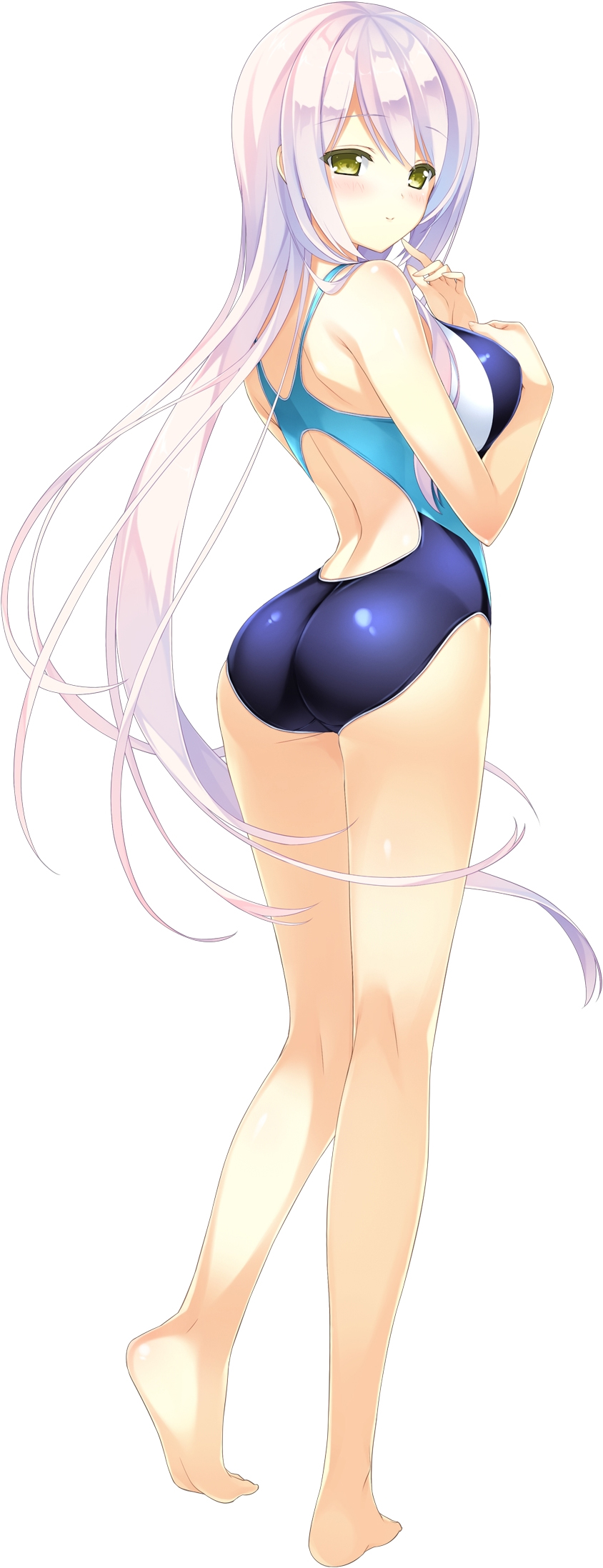 1girl ashishun ass barefoot blush competition_swimsuit female_focus full_body green_eyes highres kuryuu_mashiro long_hair looking_at_viewer official_art one-piece_swimsuit pink_hair primal_hearts primal_hearts_2 simple_background smile solo standing swimsuit white_background