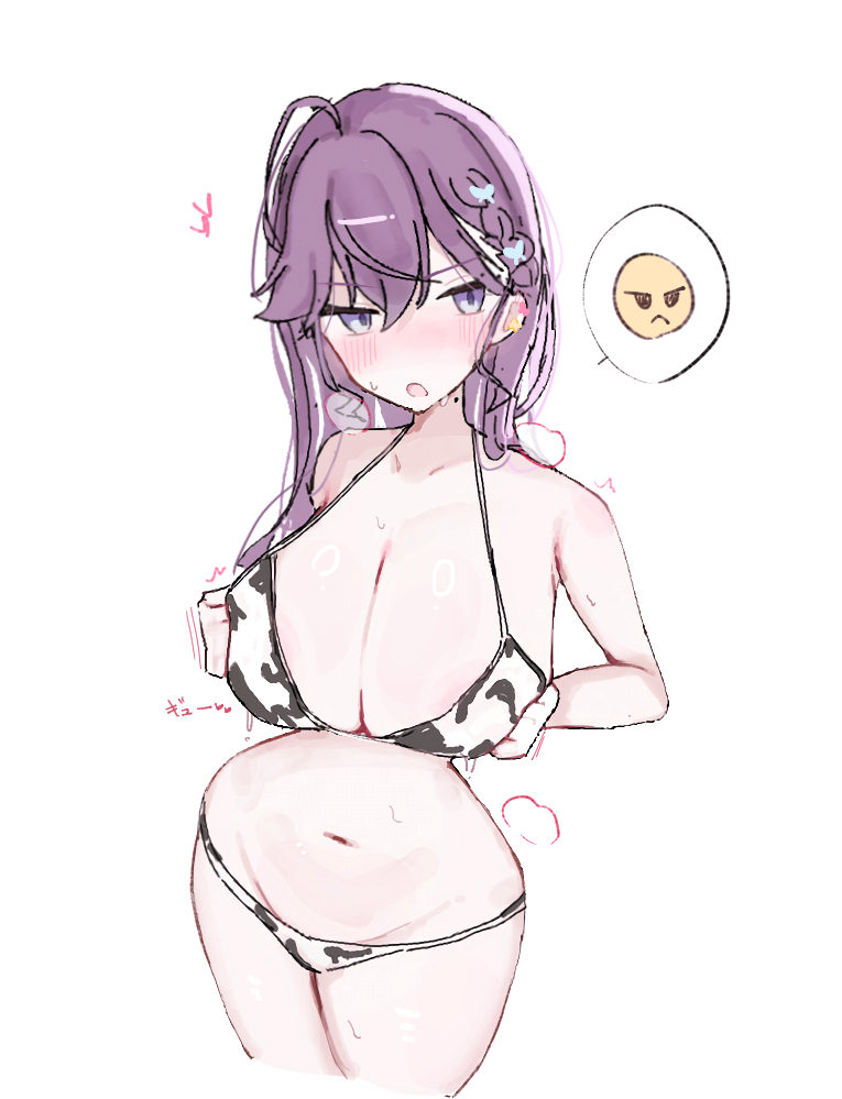 1girl :o ahoge alternate_breast_size alternate_costume animal_print bikini blush braid breasts breath butterfly_hair_ornament cleavage collarbone commentary_request cow_print cow_print_bikini cropped_legs gakuen_idolmaster groin hair_ornament halterneck heart huge_breasts idolmaster kaya_rinha kotatuneko15 long_hair looking_at_viewer mole mole_on_neck navel print_bikini purple_eyes purple_hair simple_background solo spoken_emoji straight_hair string_bikini sweat swimsuit thighhighs white_background