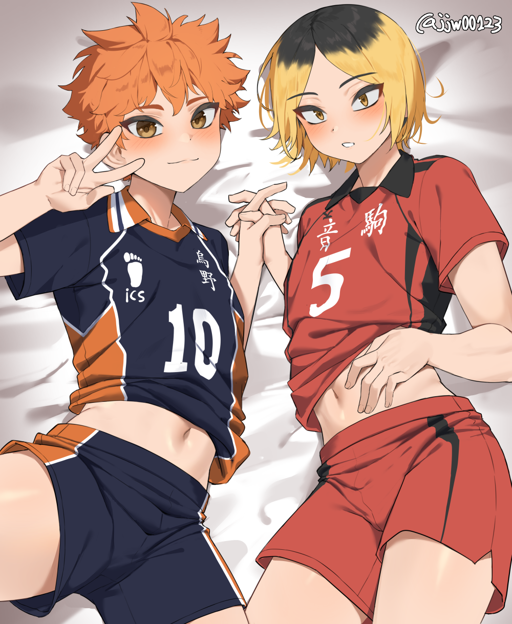 2boys artist_name bed black_hair black_shirt black_shorts blonde_hair blush commentary g1_(jjw00123) haikyuu!! hand_up highres hinata_shouyou interlocked_fingers karasuno_volleyball_uniform kozume_kenma looking_at_viewer male_focus multicolored_hair multiple_boys navel on_bed orange_hair paid_reward_available parted_lips red_shirt red_shorts shirt short_hair shorts smile sportswear twitter_username two-tone_hair v volleyball_uniform yellow_eyes