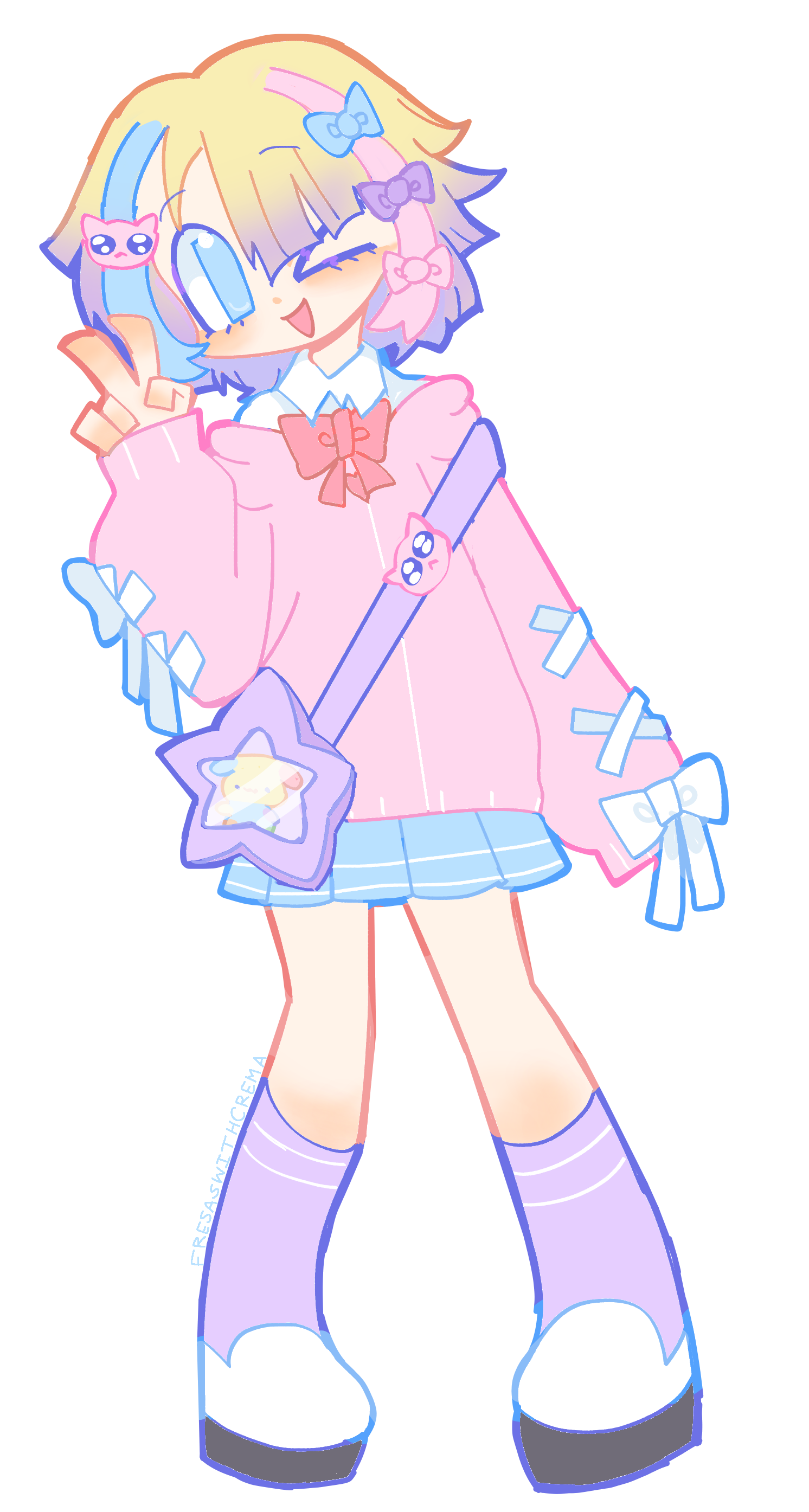 absurdres blue_serafuku bow chouzetsusaikawa_tenshi-chan chouzetsusaikawa_tenshi-chan_(needy_girl_overdose_exhibition) daten_route fresaswithcrema highres internet_yamero needy_girl_overdose pastel_colors pien_cat_(needy_girl_overdose) pink_bow purple_bow school_uniform serafuku trap usahana