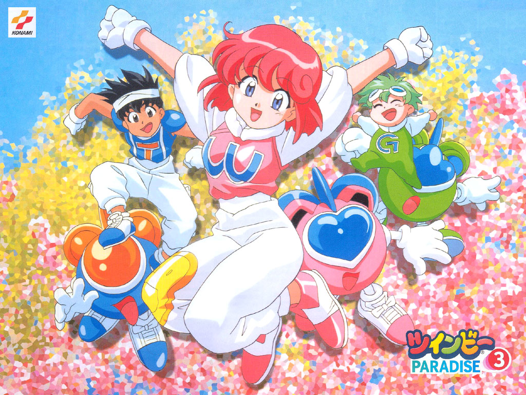 1990s_(style) 1girl 2boys :o ^_^ arms_up black_eyes black_hair blue_eyes child clenched_hands closed_eyes clothes_writing copyright_name gloves goggles goggles_on_head green_hair gwinbee happy heart jumping jumpsuit konami light_(twinbee) looking_at_viewer mint-herb_(twinbee) multiple_boys official_art open_mouth outstretched_arms pants pastel_(twinbee) personification puffy_sleeves red_hair retro_artstyle robot shoes short_hair short_sleeves smile sneakers spiked_hair stepped_on tank_top twinbee twinbee_(character) twinbee_paradise white_gloves winbee