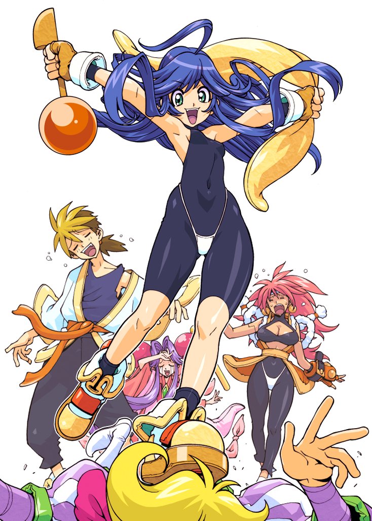 2boys 3girls aqua_eyes arm_up bandana black_bodysuit blonde_hair bloodberry blue_hair bodysuit breasts brown_hair cherry_(saber_j) cleavage cleavage_cutout clenched_hands closed_eyes clothing_cutout covered_navel crying fangs fingerless_gloves floating_hair gloves hair_ornament hanagata_mitsurugi head_tilt headband highleg highleg_panties joints juliet_sleeves kotobuki_tsukasa large_breasts lime_(saber_j) long_hair long_sleeves lying mamiya_otaru multicolored_hair multiple_boys multiple_girls off_shoulder on_stomach open_mouth outstretched_arms panties pink_hair puffy_sleeves purple_hair revision robot_joints rope saber_marionette_j shimenawa simple_background smile spandex sphere_hair_ornament spread_arms stepped_on streaming_tears tears two-tone_hair underwear white_background wide_sleeves