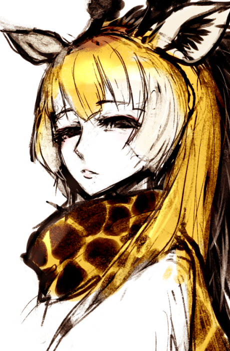 1girl animal_ears animal_print black_eyes blonde_hair closed_mouth extra_ears giraffe_ears giraffe_girl giraffe_horns giraffe_print horns ise_(0425) kemono_friends long_hair looking_at_viewer reticulated_giraffe_(kemono_friends) scarf shirt simple_background solo upper_body white_shirt