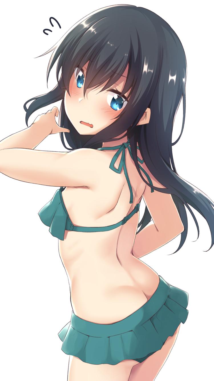 1girl arm_up asashio_(kancolle) ass back bare_arms bare_shoulders bikini bikini_skirt black_hair blue_bikini blue_eyes butt_crack commentary cosplay cowboy_shot female_focus from_side green_bikini hair_between_eyes highres kantai_collection kasumi_(kancolle) kasumi_(kancolle)_(cosplay) kasumi_kai_ni_(kancolle) kasumi_kai_ni_(swimsuit)_(kancolle) long_hair looking_at_viewer looking_to_the_side nagami_yuu shoulder_blades sidelocks simple_background solo swimsuit symbol-only_commentary white_background