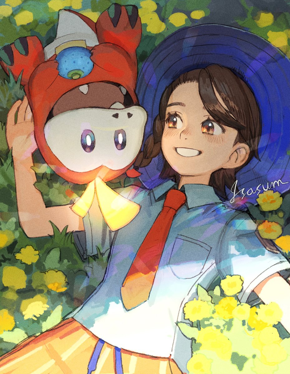 1girl berry_(pokemon) blue_headwear blush braid breast_pocket brown_eyes brown_hair collared_shirt commentary_request day flower fuecoco grin hat highres juliana_(pokemon) lying necktie nintendo on_back oran_berry orange_necktie orange_shorts outdoors pocket pokemon pokemon_(creature) pokemon_sv sasumata_jirou shirt short_sleeves shorts signature smile yellow_flower