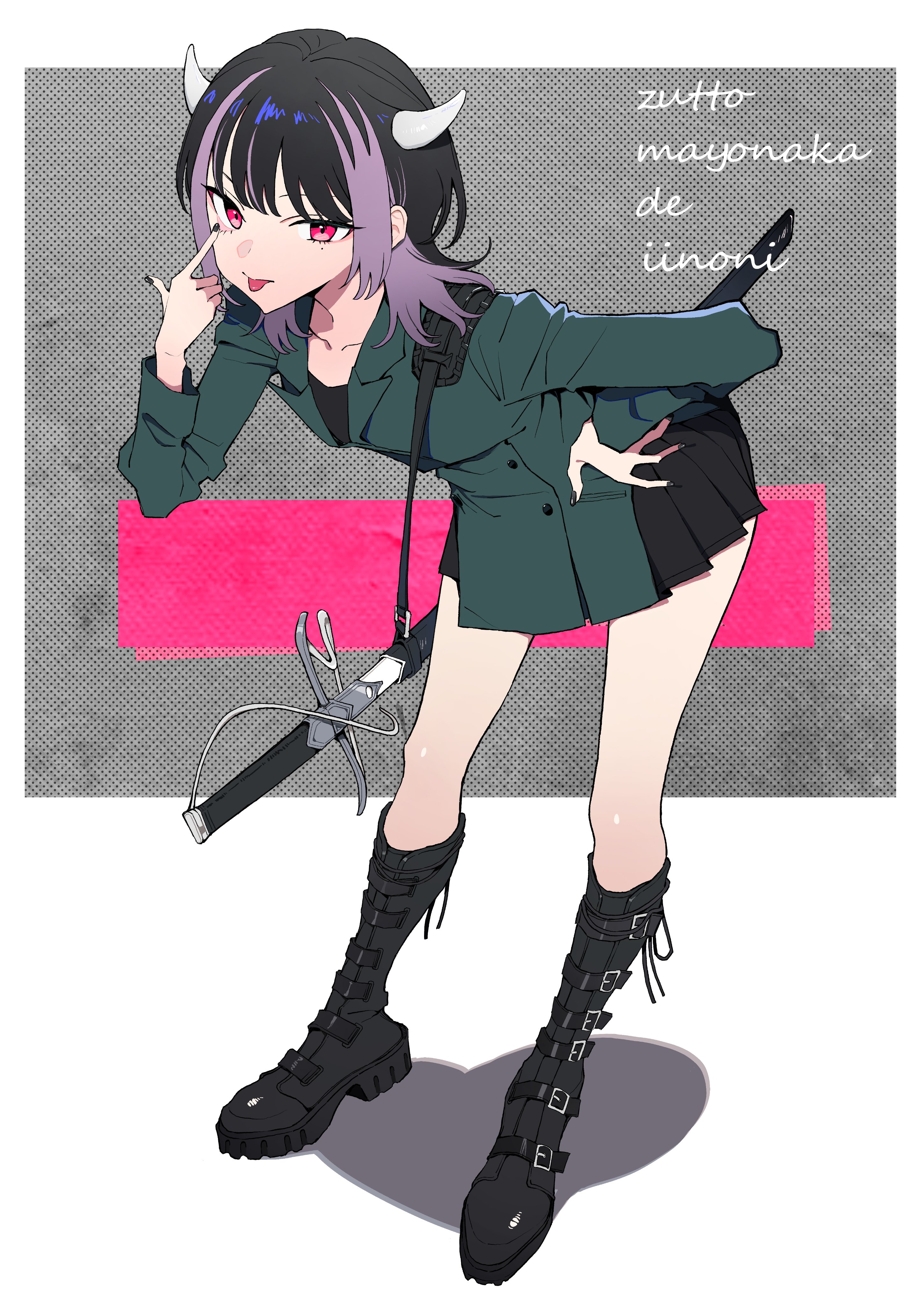 1girl :p absurdres akanbe black_boots black_hair black_nails black_shirt black_undershirt blunt_bangs boots collarbone colored_inner_hair copyright_name demon_horns eyelid_pull fingernails green_jacket green_skirt hand_on_own_hip highres horns jacket looking_at_viewer medium_hair miniskirt multicolored_hair nail_polish nira-chan nira-chan_(zanki)_(zutomayo) purple_hair red_eyes romaji_text shadow shirt skirt streaked_hair sword tongue tongue_out two-tone_hair weapon white_horns yuichi_(yuyuyupopcorn) zanki_(zutomayo) zutto_mayonaka_de_ii_no_ni