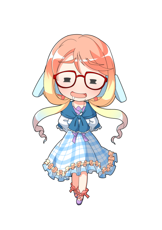 1girl =_= ankle_lace-up arms_behind_back blonde_hair blue_dress blush chibi chibi_only commentary_request cross-laced_shoes dairi dress drooling frilled_dress frills full_body glasses gradient_hair hair_ornament haruno_sora jewelry large_variant_set long_hair long_sleeves mole mole_under_mouth multicolored_hair open_mouth pendant plaid_clothes plaid_dress purple_shoes red-framed_eyewear red_ribbon ribbon shoes smile solo standing straight-on tachi-e transparent_background variant_set vocaloid voiceroid