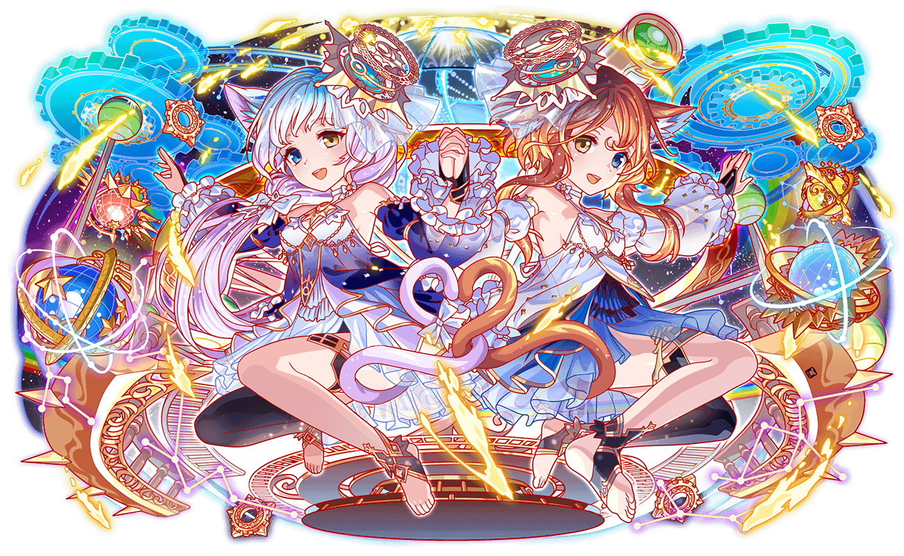 2girls alternate_costume animal_ear_fluff animal_ears anime_coloring aqua_eyes aqua_hair artist_request bare_shoulders barefoot black_bridal_gauntlets black_thighhighs blonde_hair blue_sky blue_sleeves bow breasts bridal_gauntlets brown_tail cat_ears choker colored_inner_animal_ears crash_fever crescent detached_sleeves dot_nose eyelashes floating_headgear frilled_sleeves frills full_body galilei_(crash_fever) galileo_(crash_fever) game_cg gears hair_bow hair_ears hair_ornament hair_over_shoulder high-waist_skirt holding_hands hoop_skirt leglet light_brown_hair light_particles long_hair long_sidelocks long_sleeves low-tied_long_hair low_ponytail medium_breasts multicolored_hair multiple_girls octagram official_alternate_costume official_art open_hand open_mouth outline ponytail puffy_sleeves purple_hair purple_tail red_outline see-through_clothes see-through_skirt see-through_sleeves short_hair short_hair_with_long_locks sidelocks single_bare_leg single_thighhigh skirt sky sleeve_bow sparkle square square_print star_(symbol) star_choker star_ornament tachi-e teeth thighhighs third-party_source toeless_legwear toes tongue transparent_background two-tone_hair upper_teeth_only white_bow white_choker white_hair white_outline white_skirt white_sleeves white_straps wide_sleeves yellow_eyes yellow_outline