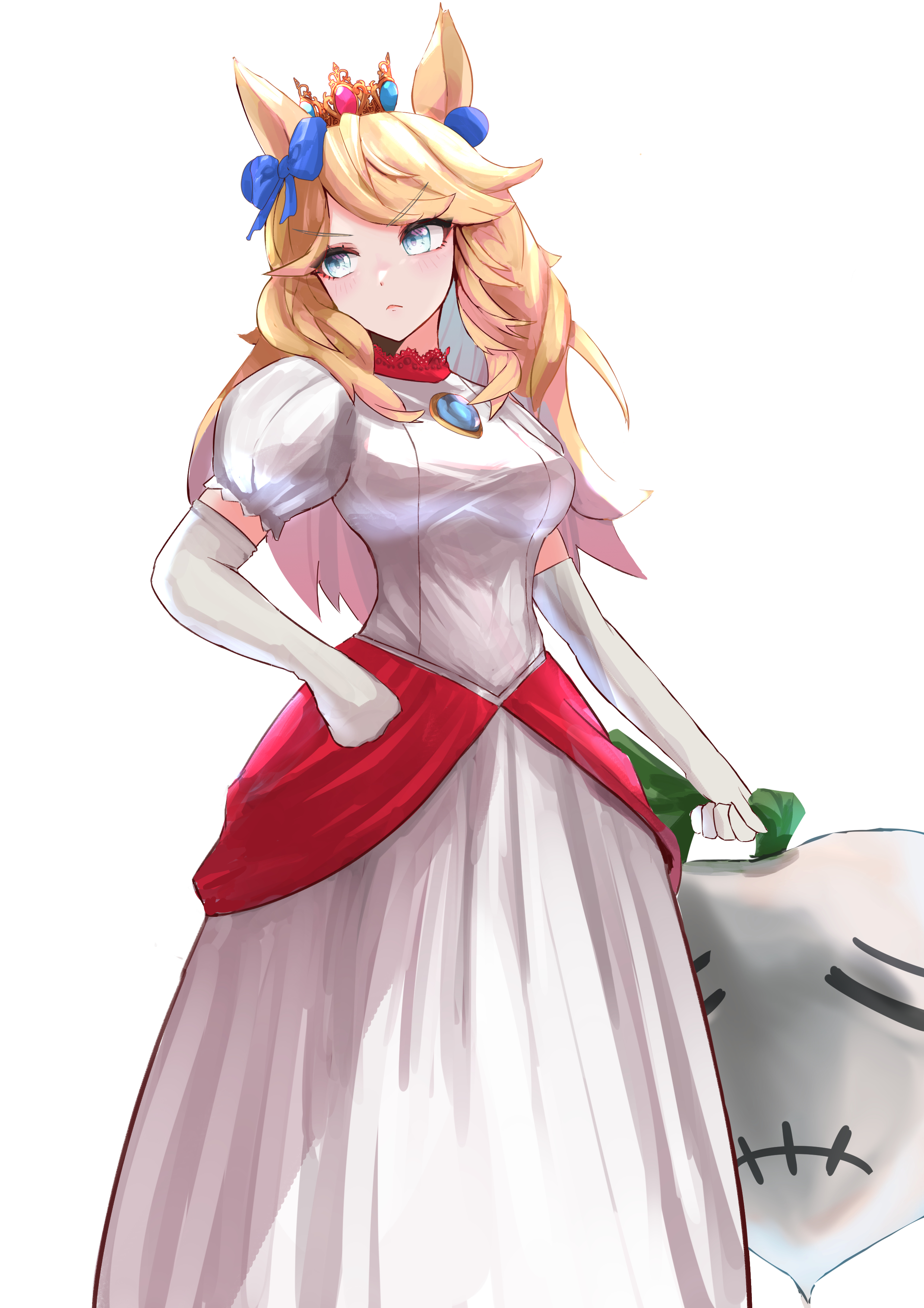 >:( 1girl absurdres animal_ears blonde_hair blue_bow blue_eyes bow breasts brooch commentary_request cosplay cowboy_shot crown dress elbow_gloves fire_peach gloves gold_city_(umamusume) hair_bow highres horse_ears jewelry long_hair mario_(series) medium_breasts mini_crown nintendo princess_peach princess_peach_(cosplay) puffy_short_sleeves puffy_sleeves radish rakasei5050 short_sleeves simple_background solo standing super_smash_bros. turnip_(mario) umamusume v-shaped_eyebrows white_background white_dress white_gloves