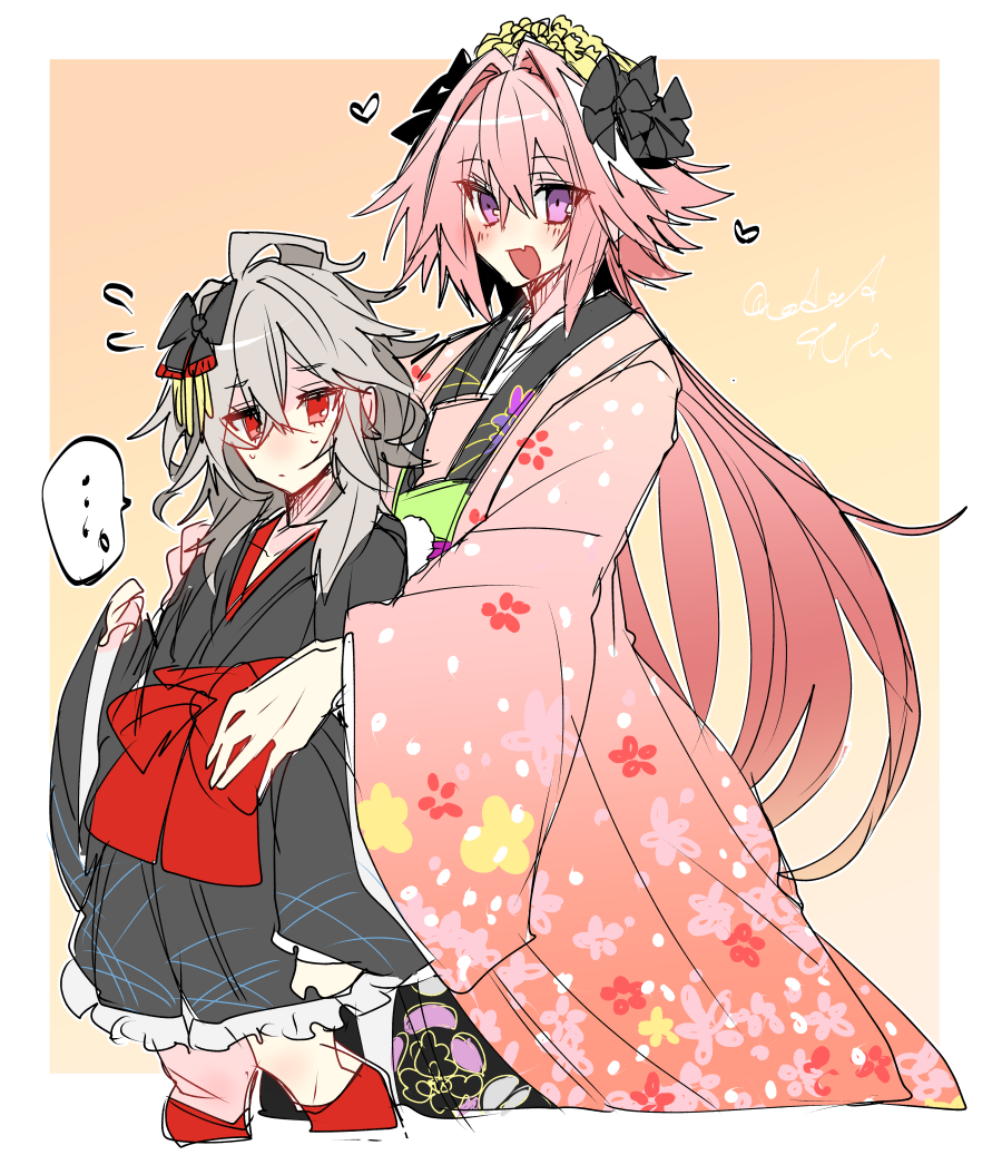 ... 2boys antenna_hair astolfo_(fate) astolfo_(the_princess&#039;_pilgrimage)_(fate) black_bow black_kimono black_pants black_vest blush bow crossdressing crossdressing_(mtf) dress_shirt fang fate/apocrypha fate/grand_order fate_(series) floral_print floral_print_kimono flower flying_sweatdrops grey_hair hair_between_eyes hair_bow hair_down hair_intakes haori haoro head_wreath heart hug japanese_clothes kimono long_hair looking_at_viewer male_focus medium_hair multicolored_hair multiple_boys obi obijime official_alternate_costume open_mouth pants pink_hair pink_kimono print_kimono purple_eyes red_eyes red_sash sash sash_bow shirt sieg_(fate) signature skin_fang spoken_ellipsis streaked_hair trap two-tone_hair v very_long_hair vest white_hair white_shirt wide_sleeves yellow_flower