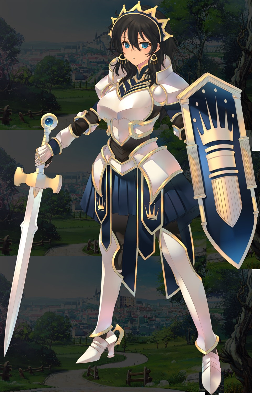 1girl aquaplus armor black_hair blue_eyes earrings female_focus grisherina_efleanor highres jewelry paladin shield solo sword weapon