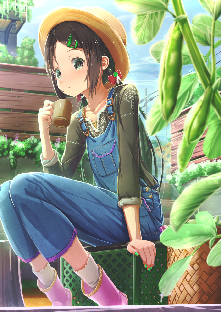 1girl :&lt; aiuabo basket black_eyes black_hair black_shirt boots bow brown_hat commentary_request crate cup day female_focus flower_box garden green_nails hair_bow hair_ornament hat highres holding holding_cup lace lace-trimmed_shirt lace_trim lattice long_hair long_sleeves mug nail_polish original outdoors overalls pink_boots plant power_lines red_bow rubber_boots shirt sitting sleeves_rolled_up socks solo soybean twintails white_socks