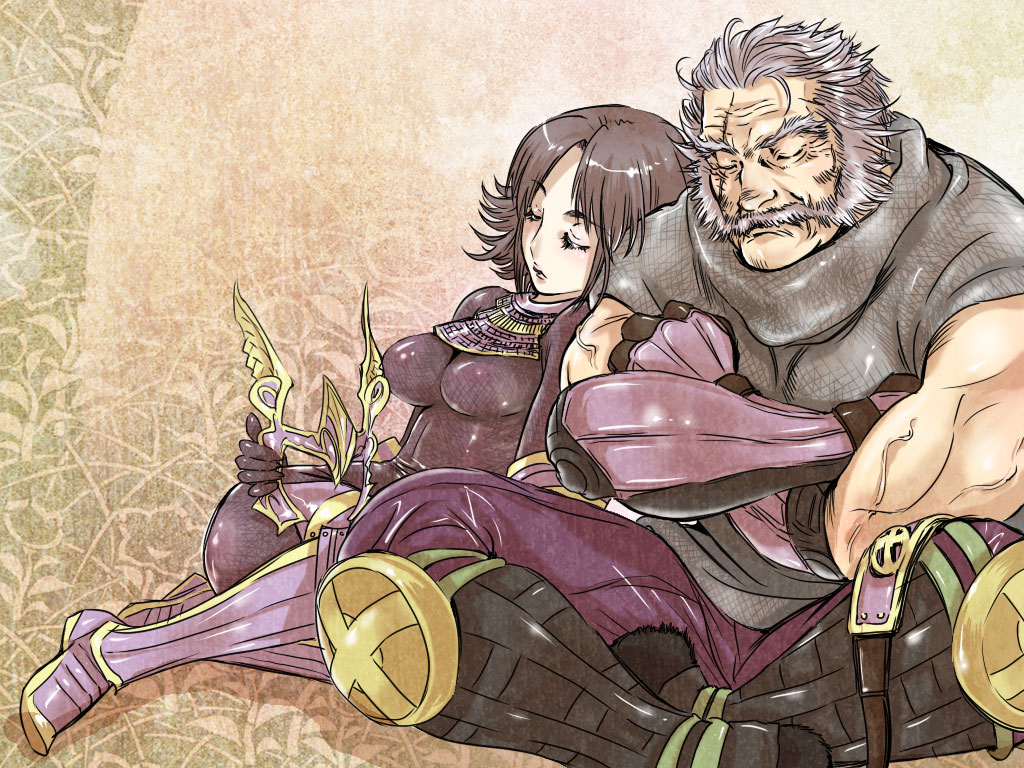 armor bodysuit brown_hair crown facial_hair geru_(anorexia) grey_hair scar sengoku_musou sengoku_musou_3 shimazu_yoshihiro short_hair sitting sleeping tachibana_ginchiyo