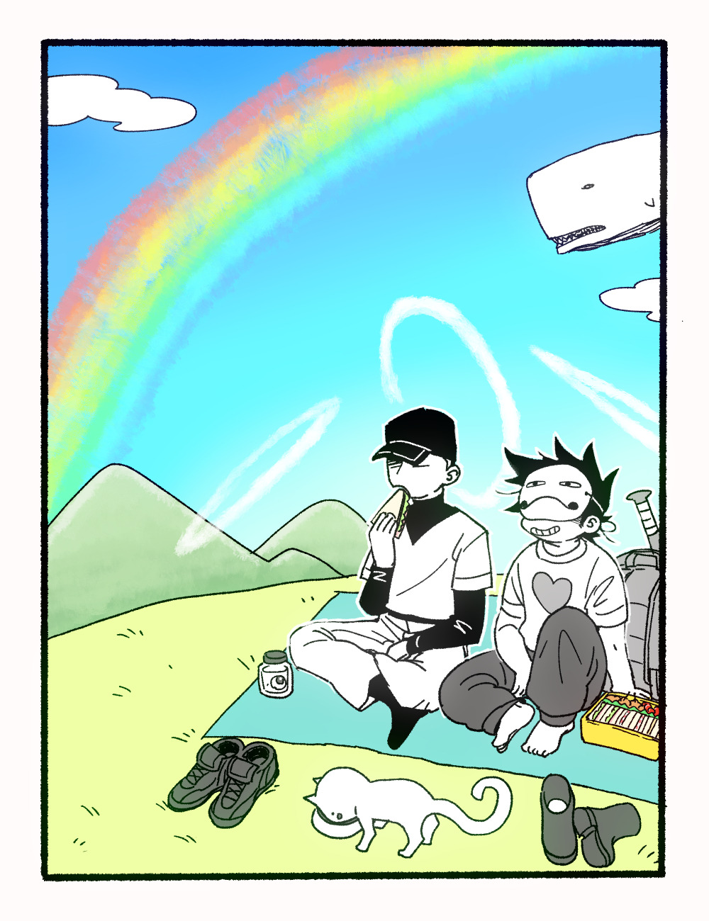2boys baseball_bat baseball_cap baseball_uniform bento black_hair black_headwear blue_sky border cat closed_eyes cloud commentary_request day eating food full_body gedougawa grass grey_footwear grey_pants grin hat heart heart_print highres hill holding holding_food layered_sleeves long_sleeves male_focus mask mountain multiple_boys off_(game) outdoors pants picnic print_shirt rainbow sandwich shirt shoes unworn_shoes short_hair short_over_long_sleeves short_sleeves sitting sky smile sportswear the_batter_(off) whale whale_(off) white_border white_pants white_shirt zacharie_(off)