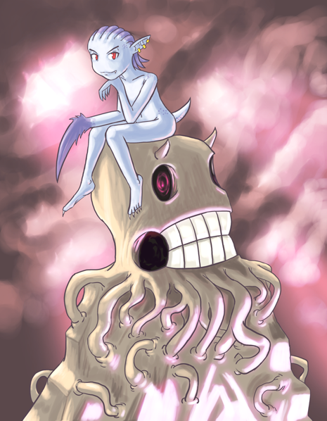 1girl blue_skin colored_skin crab_claw daemon daemonette demon_girl demon_horns demon_tail dreadlocks flat_chest gradient_background horns looking_at_viewer non-web_source nude pale_color pale_skin sitting skull tagme tail tentacles warhammer_40k