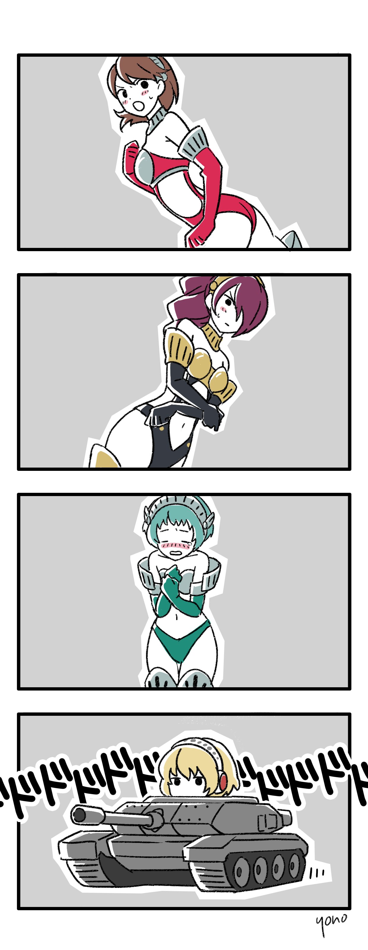4girls absurdres aigis_(persona) aqua_hair armor ass bikini_armor blonde_hair blush breasts brown_hair elbow_gloves embarrassed gloves high-cut_armor_(persona) highres kirijou_mitsuru metal_hairband military_vehicle motor_vehicle multiple_girls persona persona_3 sweatdrop takeba_yukari tank yamagishi_fuuka yono_999