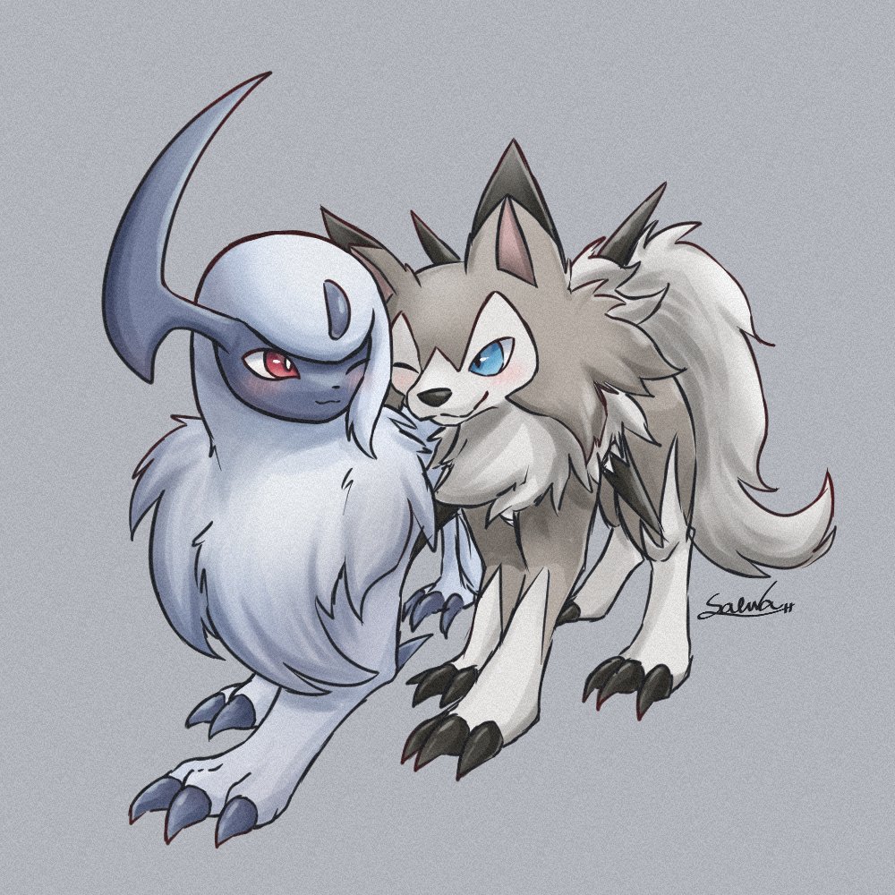 absol animal_focus blue_eyes claws commentary forehead_jewel gen_3_pokemon gen_7_pokemon grey_background grey_fur horns lycanroc lycanroc_(midday) nintendo no_humans one_eye_closed pokemon pokemon_(creature) red_eyes simple_background single_horn soruva_359 symbol-only_commentary tail white_fur wolf