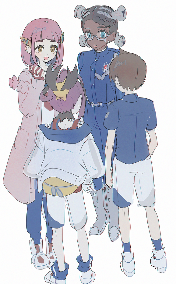 2boys 2girls amarys_(pokemon) arm_at_side blue_pants blue_shirt blue_socks brown_hair coat commentary_request dark-skinned_female dark_skin florian_(pokemon) hair_ornament hairclip jacket kieran_(pokemon) lacey_(pokemon) multicolored_hair multiple_boys multiple_girls mxkjxm_(nhss2337) nintendo open_clothes open_coat pants pokemon pokemon_sv purple_hair red_shirt shirt shoes short_hair short_sleeves shorts socks standing two-tone_hair white_background white_footwear white_jacket white_shirt white_shorts