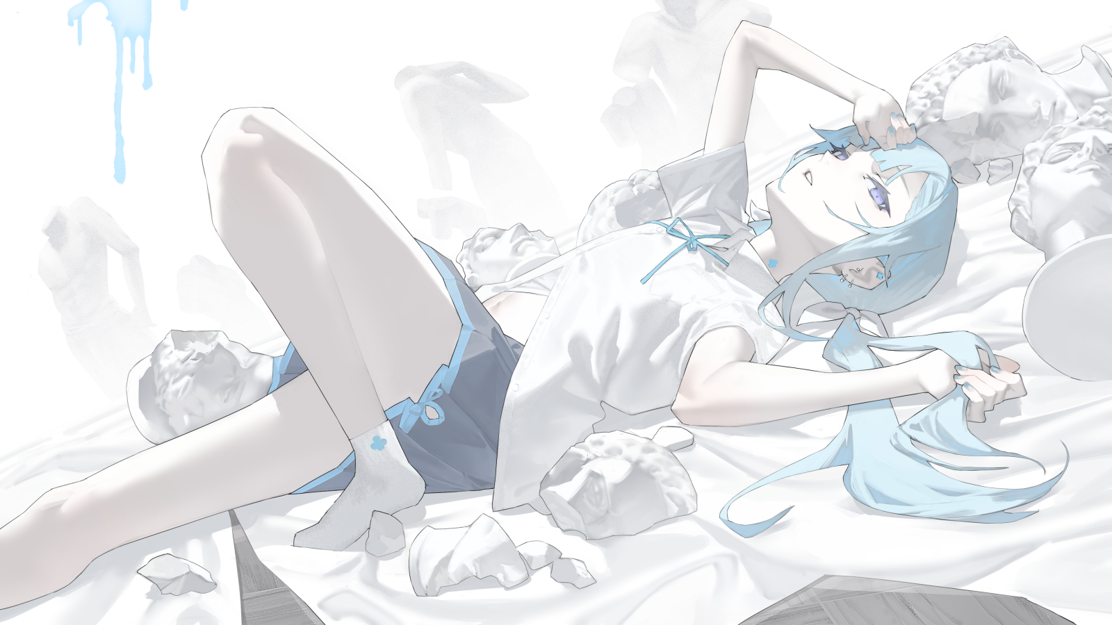 1boy amane_louis bed_sheet black_skirt blue_eyes blue_hair blue_ribbon broken bust_(sculpture) commentary_request crossdressing crossdressing_(mtf) dutch_angle ear_piercing expressionless foot_out_of_frame from_side hair_spread_out hand_on_forehead highres holding holding_own_hair knee_up long_hair looking_at_viewer looking_to_the_side low_twintails lying male_focus marble_(stone) mi8pq navel neck_ribbon on_back paint_splatter parted_lips partially_unbuttoned piercing pleated_skirt purple_eyes ribbon shirt short_sleeves skirt socks solo stomach trap twintails utau white_background white_shirt white_socks