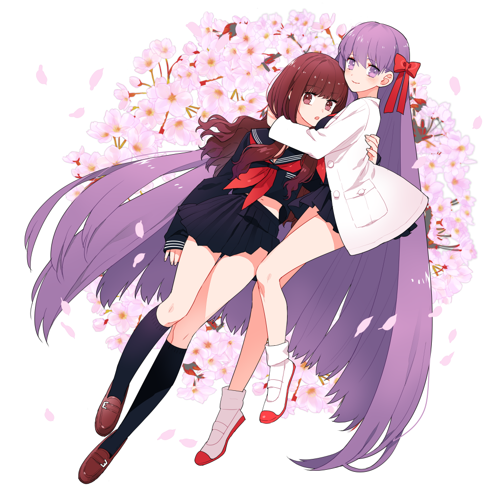 10s 2girls absurdly_long_hair bare_legs black_shirt black_skirt black_socks blouse blunt_bangs bow brown_eyes brown_hair buckle cherry_blossoms coat fate/extra fate/extra_ccc fate_(series) gum_(gmng) hair_bow hair_ribbon hug kishinami_hakuno_(female) kneehighs loafers long_hair long_sleeves looking_at_viewer matou_sakura matou_sakura_(fate/extra) midriff multiple_girls neckerchief open_mouth petals pleated_skirt purple_eyes purple_hair ribbon sailor_collar school_uniform serafuku shirt shoes skirt smile socks very_long_hair white_background white_legwear yuri