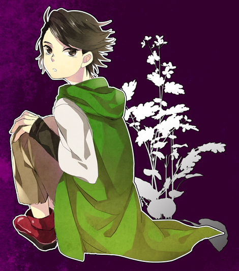 1boy ankle_boots black_hair boots capri_pants flipped_hair flower full_body hood hoodie kamen_rider kamen_rider_w legs_folded legs_together long_sleeves looking_at_viewer looking_back male_focus open_mouth pants philip philip_(kamen_rider) plant purple_background red_boots shoes short_hair silhouette simple_background sitting solo yakisoba14