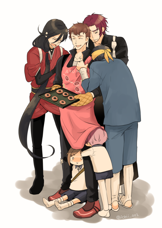akita_toushirou apron azuki_nagamitsu_(touken_ranbu) black_hair blue_hair food gloves houchou_toushirou ichii_(ichii_00) izumi-no-kami_kanesada japanese_clothes long_hair long_sideburns male_focus mikazuki_munechika multiple_boys pink_hair ponytail red_hair shorts sitting smile tonbokiri_(touken_ranbu) touken_ranbu