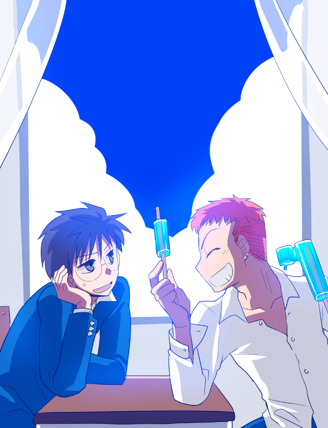 00s 2boys akariya_kuubu black_hair blue_eyes desk ear_piercing closed_eyes food gakuran glasses inui_arihiko multiple_boys piercing popsicle red_hair school_uniform short_hair sitting sweatdrop tan tohno_shiki tsukihime window