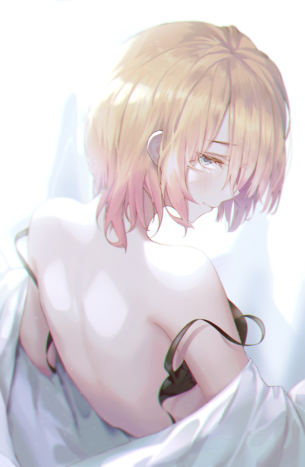 1girl back back_focus bare_shoulders black_bra blonde_hair blush bra closed_mouth clothes_down commentary double_strap_slip green_eyes highres kanojo_okarishimasu looking_at_viewer looking_back moda_(mo_da_3) nanami_mami off_shoulder open_bra profile short_hair shoulder_blades solo underwear