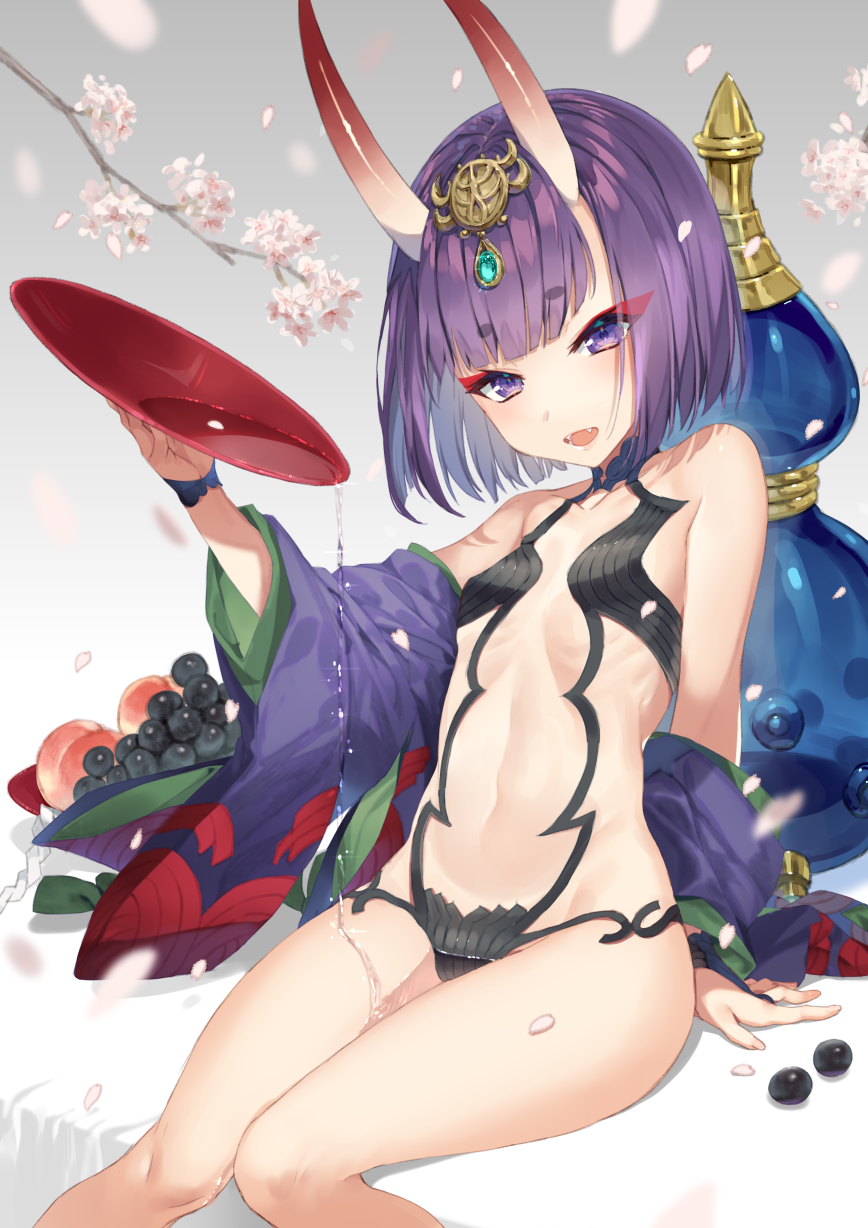 1girl alcohol arm_support bare_shoulders bob_cut cherry_blossoms commentary_request cup eyebrows fangs fate_(series) female_focus flat_chest food fruit grapes highres horns japanese_clothes kimono light_smile looking_at_viewer oni open_mouth purple_eyes purple_hair sakazuki sake short_hair shuten_douji_(fate) sitting skin-covered_horns solo yusano