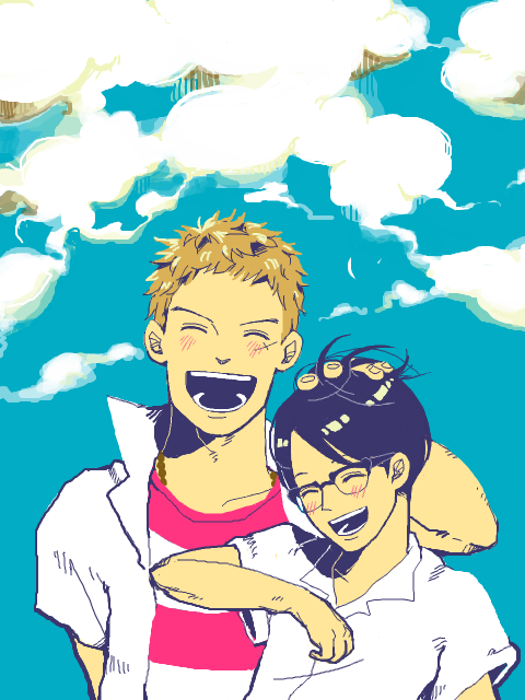 2boys :d artist_request black_hair blonde_hair blue_background blush closed_eyes cloud cross_scar elbowing facial_scar glasses hand_in_another&#039;s_hair hat height_difference kawabuchi_sentarou male_focus military_hat multiple_boys nishimi_kaoru open_mouth ruffling_hair sakamichi_no_apollon scar scar_on_cheek scar_on_face shirt short_hair smile striped_clothes striped_shirt upper_body