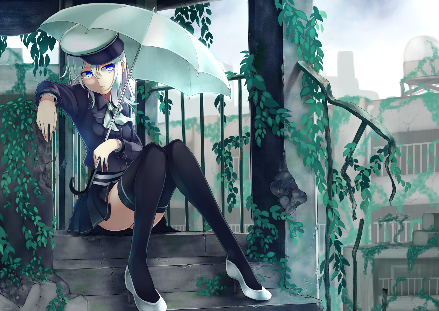 1girl ama_no_jaku_(vocaloid) black_thighhighs blue_eyes female_focus green_hair gumi hair_between_eyes hat high_heels highres jack_amano retsuna shoes sitting solo thighhighs umbrella vocaloid
