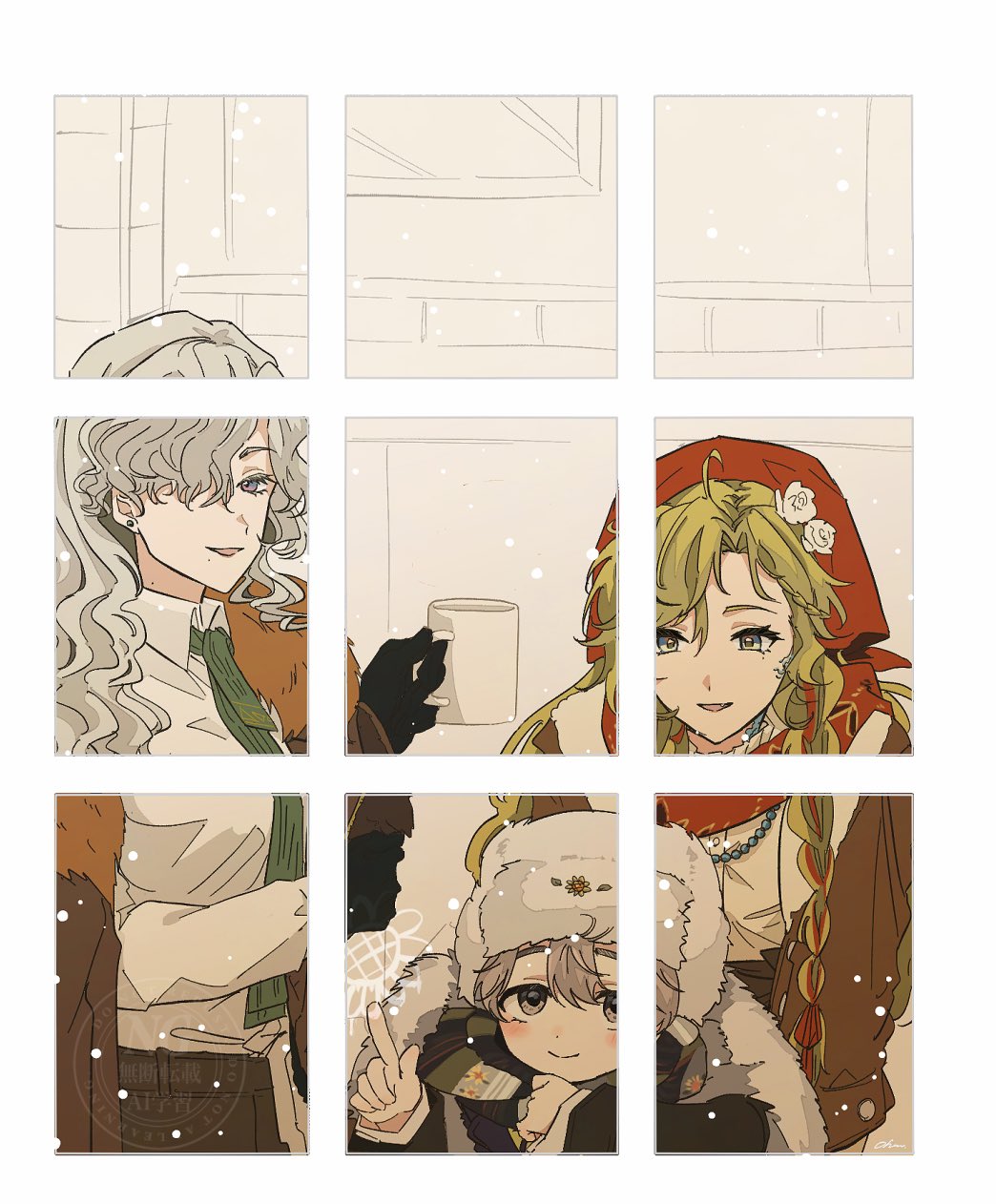 1boy 2girls :d avgust_(reverse:1999) bead_necklace beads black_gloves blonde_hair blue_eyes border brown_coat brown_jacket coat collared_shirt cup finger_writing flower from_outside fur-trimmed_coat fur_hat fur_trim glass_writing gloves green_necktie grey_eyes grey_hair grey_scarf hair_flower hair_ornament hair_over_one_eye hand_up hat headscarf highres holding holding_cup index_finger_raised jacket jewelry leaning_forward long_hair looking_at_viewer mug multiple_girls necklace necktie ohuman open_mouth purple_eyes red_headscarf red_scarf reverse:1999 scarf shirt smile teacher_and_student ushanka vila_(reverse:1999) watermark white_border white_flower white_hat white_shirt window windsong_(reverse:1999)