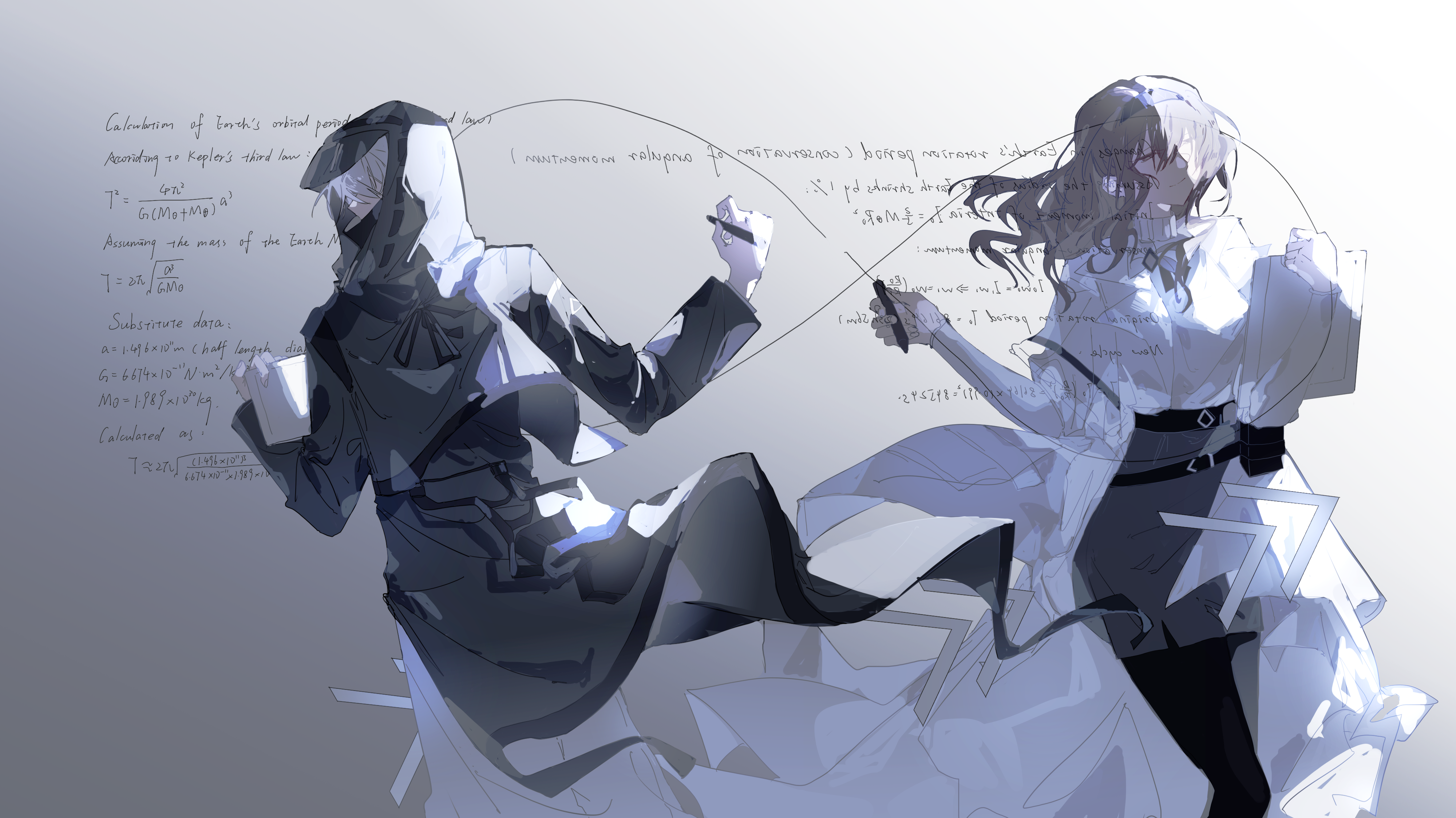 1girl 1other absurdres arknights black_coat brown_eyes brown_hair coat doctor_(arknights) entropiasands from_behind half-closed_eyes highres holding holding_paper holding_pencil infinity_symbol math paper pencil priestess_(arknights) skirt smile standing white_coat white_hair wind wind_lift writing