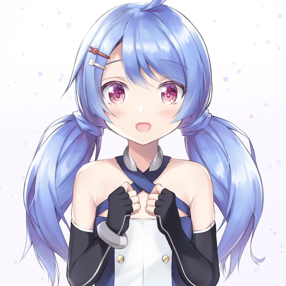 1girl :d ahoge azur_lane bad_id bad_pixiv_id bare_shoulders black_gloves blue_hair bracelet clenched_hands commentary_request elbow_gloves fingerless_gloves gloves hair_ornament hairclip jewelry lena_(azur_lane) long_hair looking_at_viewer low_twintails open_mouth purple_eyes sakuba_nao sidelocks simple_background smile solo twintails white_background