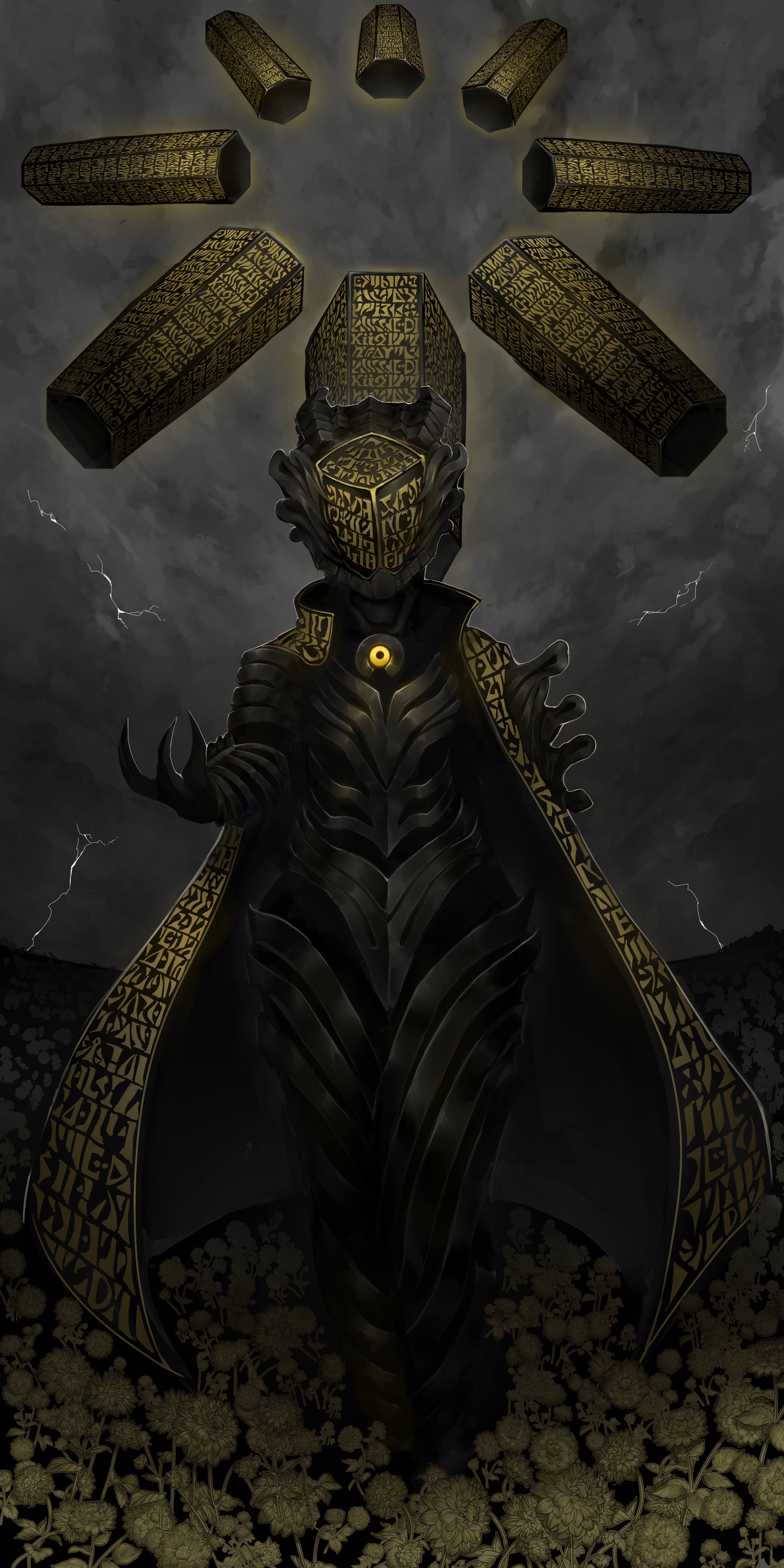 1girl absurdres armor binah_(project_moon) black_armor black_helmet cape cloud cloudy_sky facing_viewer field flower flower_field full_armor gem helmet highres lobotomy_corporation lubban pillar project_moon sky solo storm thunder yellow_cape yellow_flower yellow_gemstone