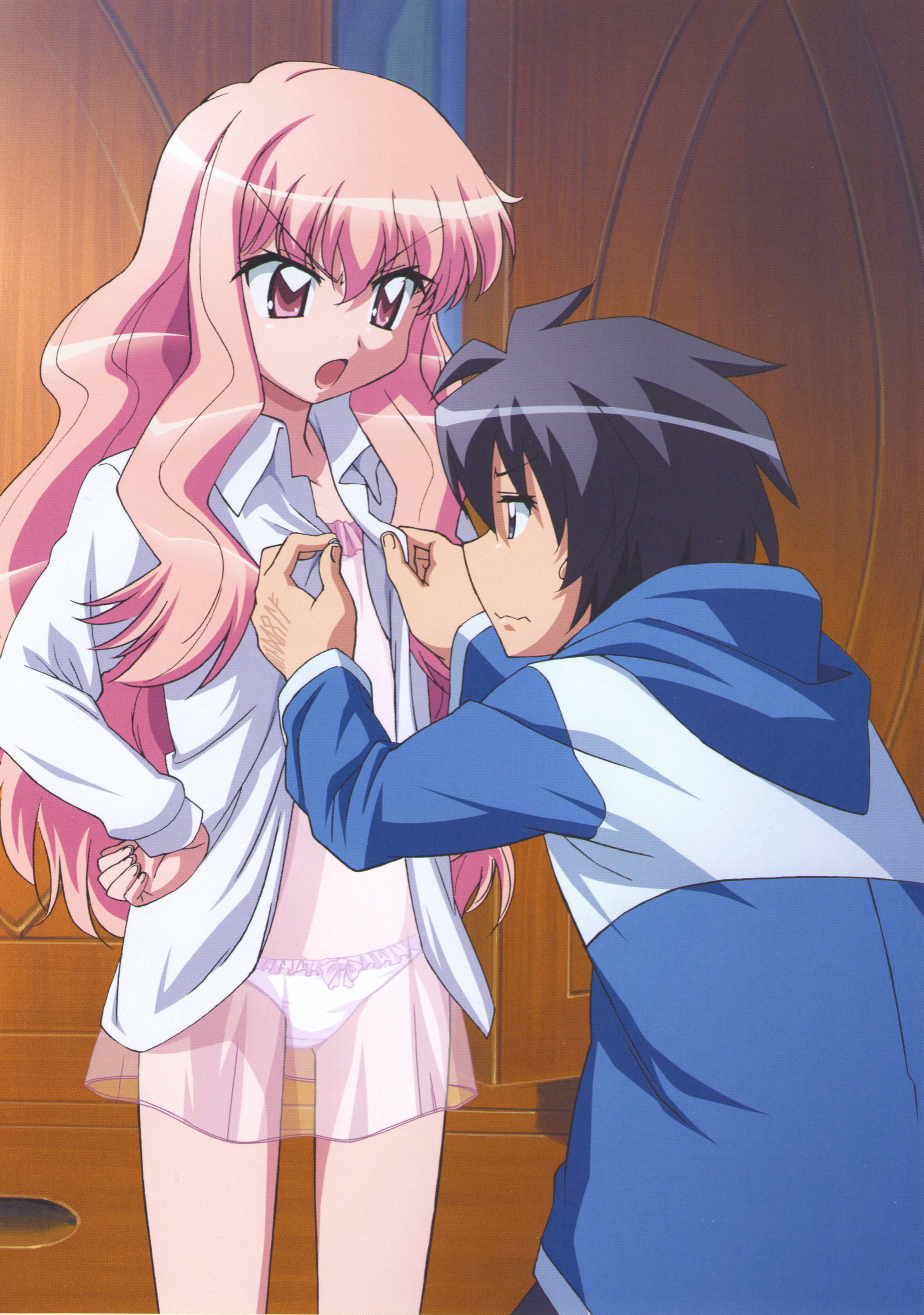 1boy 1girl absurdres artist_request blouse bow bow_panties frilled_panties frills hands_on_own_hips hetero highres hiraga_saito lingerie long_hair long_sleeves louise_francoise_le_blanc_de_la_valliere negligee open_clothes open_shirt panties pink_eyes pink_hair pink_panties shirt standing underwear zero_no_tsukaima
