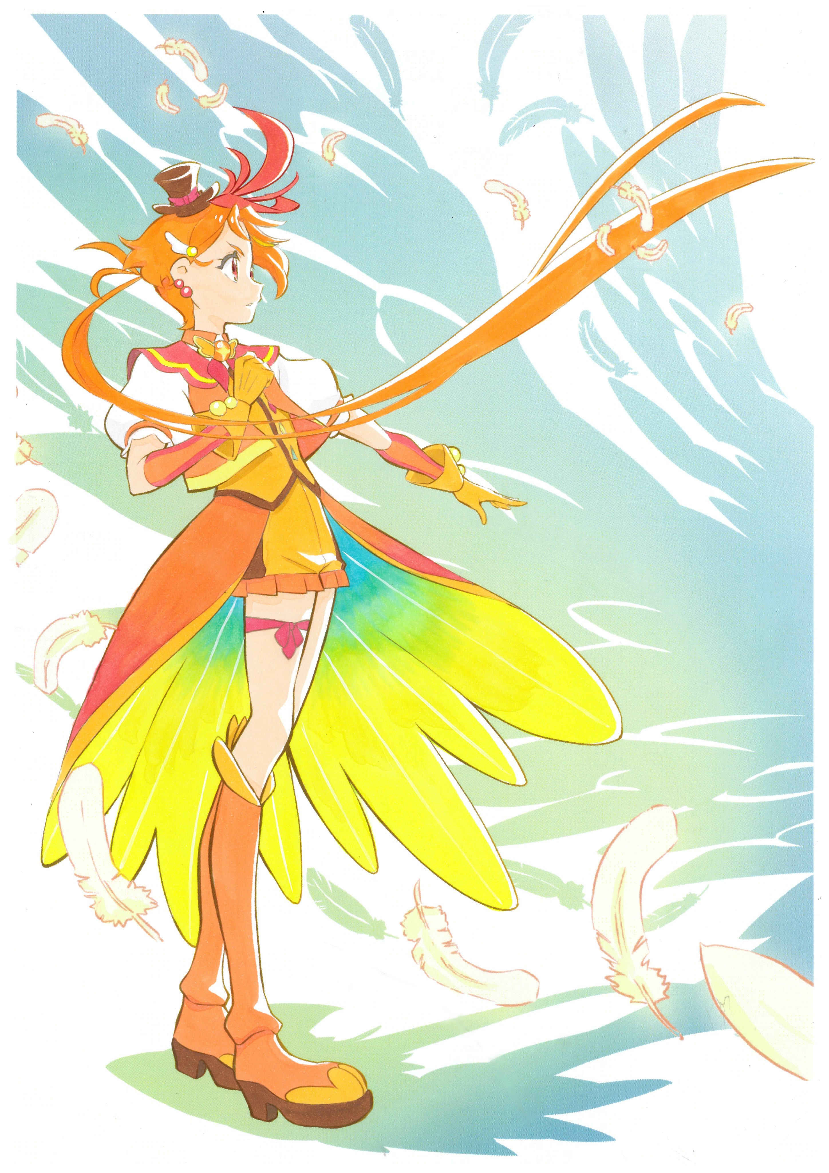 1boy absurdres black_hat boots brooch closed_mouth coattails commentary cure_wing feathers frown full_body gloves hair_ornament hat highres hirogaru_sky!_precure itaoka1 jacket jewelry knee_boots layered_gloves leg_ribbon long_hair looking_to_the_side low_ponytail magical_boy male_focus mini_hat mini_top_hat orange_boots orange_gloves orange_hair orange_jacket orange_vest ponytail precure puffy_short_sleeves puffy_sleeves red_eyes red_ribbon ribbon short_sleeves solo top_hat very_long_hair vest white_feathers wing_brooch wings yuunagi_tsubasa